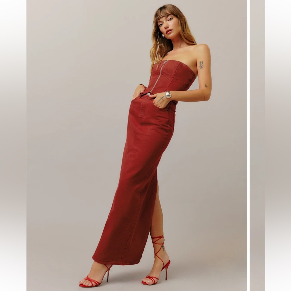 Reformation Daria Ultra High Rise Denim Maxi Skirt Red - Size 24 Tailored to 23